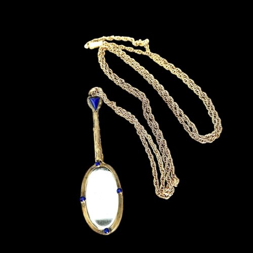 Long Collier  Boîte secrète miroir art déco 1925 Pate De Verre Ancien Vintage