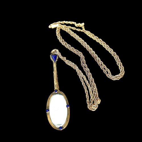 Long Collier  Boîte secrète miroir art déco 1925 Pate De Verre Ancien Vintage