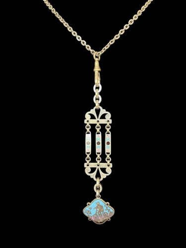 Long Collier Pendentif Émaillé Fin 19ème Antique Cyclisme Collection Gothique