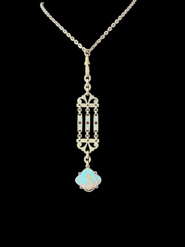 Long Collier Pendentif Émaillé Fin 19ème Antique Cyclisme Collection Gothique