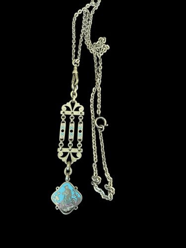 Long Collier Pendentif Émaillé Fin 19ème Antique Cyclisme Collection Gothique