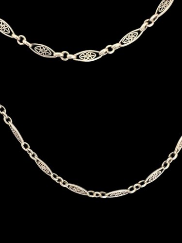 Long collier sautoir Maille Olive Argent Poinçon Sanglier Ancien Vintage 1900