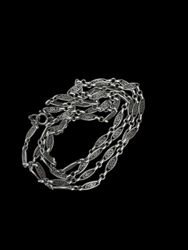 Long collier sautoir Maille Olive Argent Poinçon Sanglier Ancien Vintage 1900