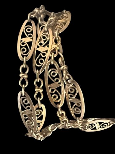 Long collier sautoir Maille Olive Argent /VermeilPoinçonné Ancien Vintage 1900