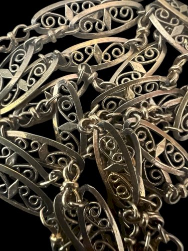 Long collier sautoir Maille Olive Argent /VermeilPoinçonné Ancien Vintage 1900