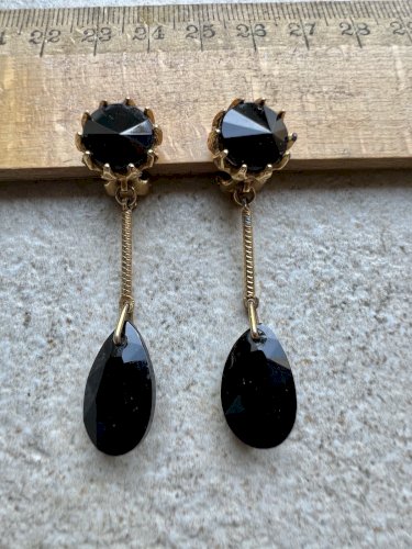 Longue Boucles D’oreilles Gouttes  Noire Vers 1950 Vintage Ancienne Clip Couture
