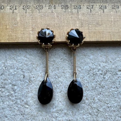 Longue Boucles D’oreilles Gouttes  Noire Vers 1950 Vintage Ancienne Clip Couture