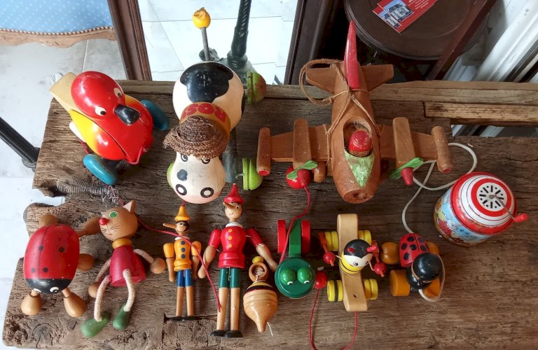 Lot 12 Ancien Jouet Bois Vintage Pinocchio Avion Coccinelle Vache Old Wooden Toy