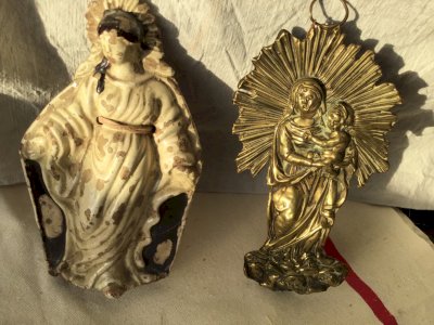 Lot 2 Religious Wall Decoration Virgin Mary with Child brass and terracotta