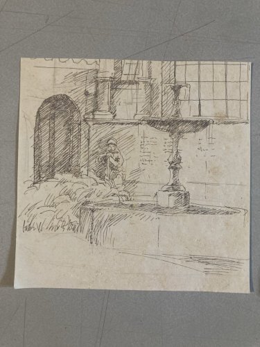 Lot 2 Dessin Encre Château Bragance Portugal 1900 Sculpture Statue Fontaine Art