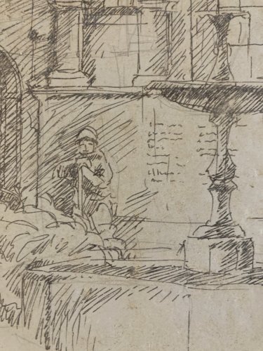 Lot 2 Dessin Encre Château Bragance Portugal 1900 Sculpture Statue Fontaine Art