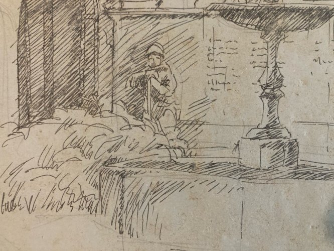 Lot 2 Dessin Encre Château Bragance Portugal 1900 Sculpture Statue Fontaine Art