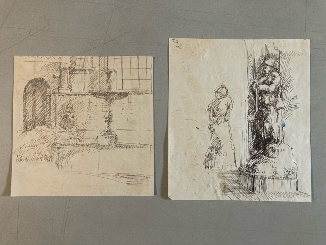 Lot 2 Dessin Encre Château Bragance Portugal 1900 Sculpture Statue Fontaine Art