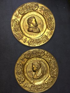 Lot 2 19th Century Tray Copper Brass Repoussé Sculpted Henry IV Almoner