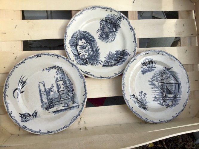 Lot 3 assiettes terre de fer décor oiseaux bleu  CREIL ET MONTEREAU 21 cm