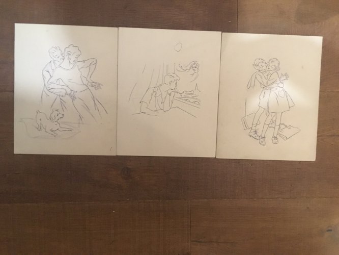 Lot 3 Dessin Triptyque Au Stylo Encre Couple Amour 1950