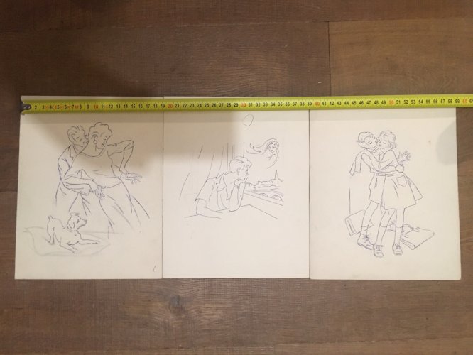 Lot 3 Dessin Triptyque Au Stylo Encre Couple Amour 1950