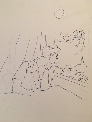 Lot 3 Dessin Triptyque Au Stylo Encre Couple Amour 1950