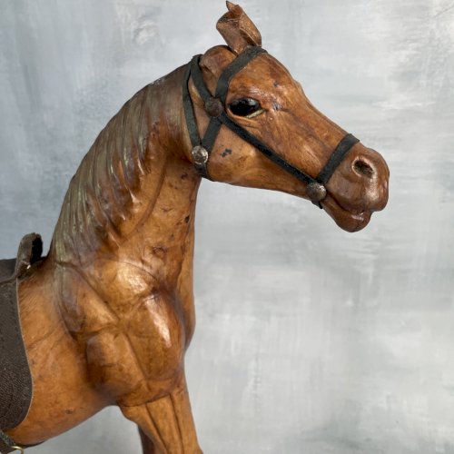 Lot 3 figurine statuette 2 petits chevaux + 1 grand cheval en cuir XXe vintage