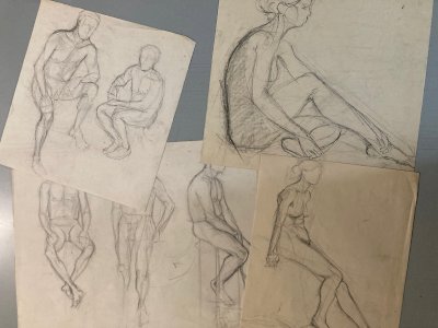 Lot 4 Dessin crayon mine plomb 1950 portrait homme femme a identifier art deco