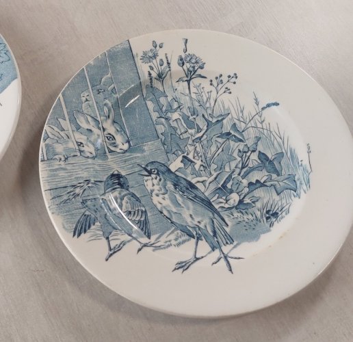 Lot 5 anciennes assiettes plates, décor oiseaux + insectes, Clairefontaine