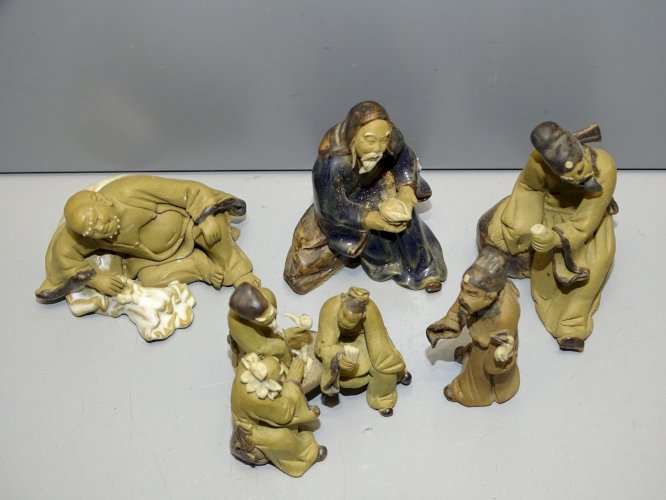 -LOT 5 SUJETS PERSONNAGES MINIATURES POUR DECO BONSAÏE TERRE CUITE ou GRES   D