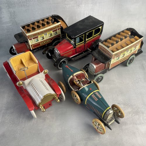 Lot 5 véhicule voiture bus miniature vintage en tôle à remonter mais sans clef