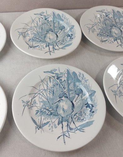 Lot 6 anciennes assiettes plates, décor oiseaux + insectes, Clairefontaine