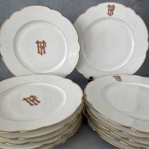 Lot 6 assiettes plates + 6 à dessert monogramme FH HF porcelaine Emile Bourgeois