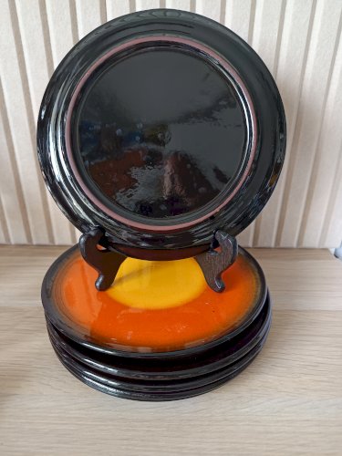 ? Lot 6 assiettes plates céramique orangé soleil & noir • émail bicolore • vintage 70s • ⌀20cm