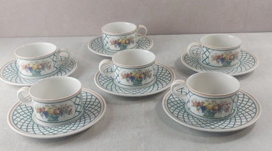 Set of 6 cups + 6 saucers for coffee, Basket design, made of Villeroy & Boch ceramic.