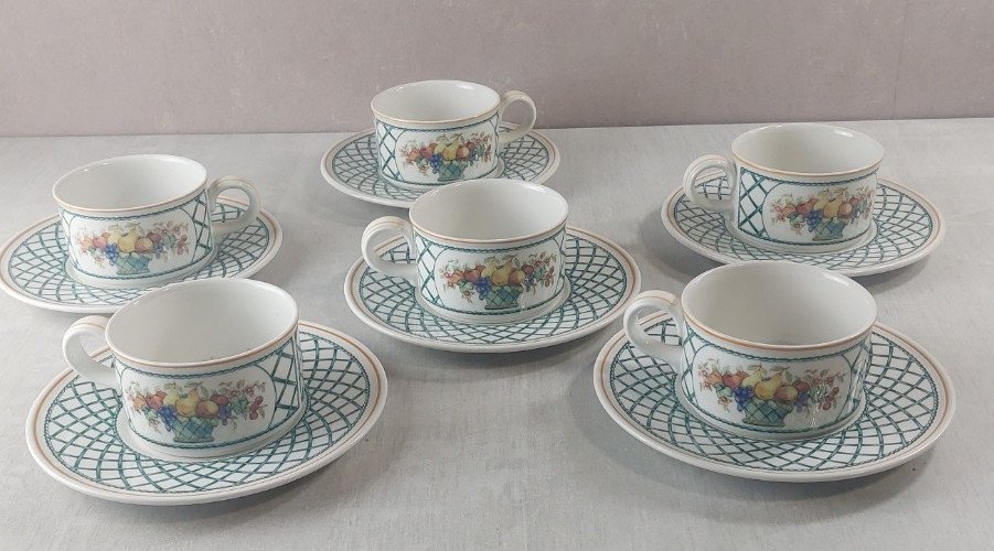 Lot 6 tasses + 6 sous tasses à café, décor Basket, en céramique Villeroy & Boch