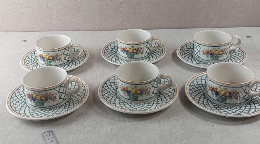 Lot 6 tasses + 6 sous tasses à café, décor Basket, en céramique Villeroy & Boch