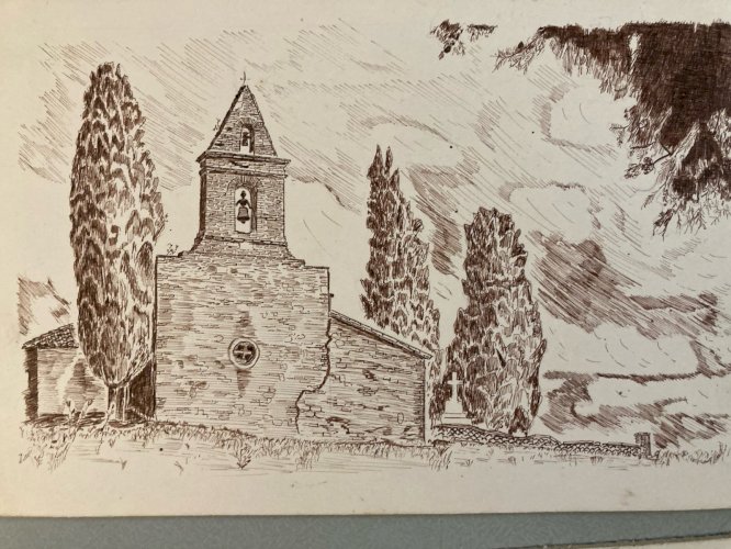 Lot 8 Dessin Encre Eglise Pierre Sud Ouest France Bâtiment Campagne 1970 Art