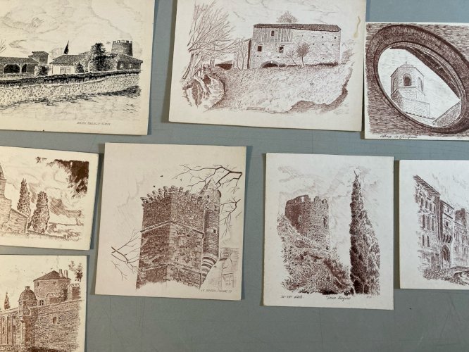 Lot 8 Dessin Encre Eglise Pierre Sud Ouest France Bâtiment Campagne 1970 Art
