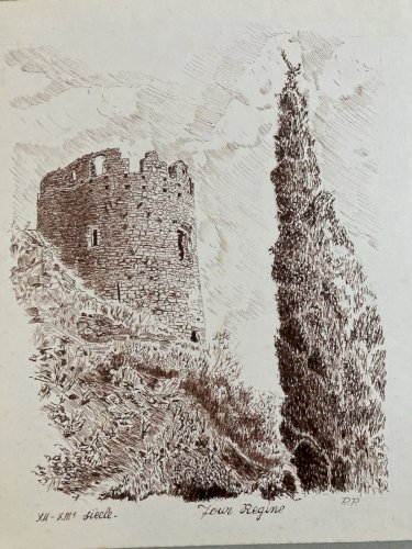 Lot 8 Dessin Encre Eglise Pierre Sud Ouest France Bâtiment Campagne 1970 Art