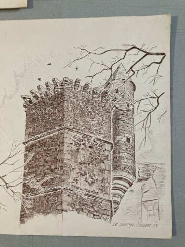 Lot 8 Dessin Encre Eglise Pierre Sud Ouest France Bâtiment Campagne 1970 Art