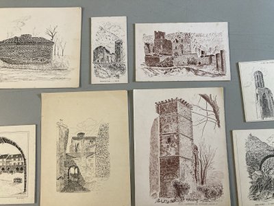 Lot 8 Dessin Encre Eglise Pierre Sud Ouest France Bâtiment Château 1970 XXe Art