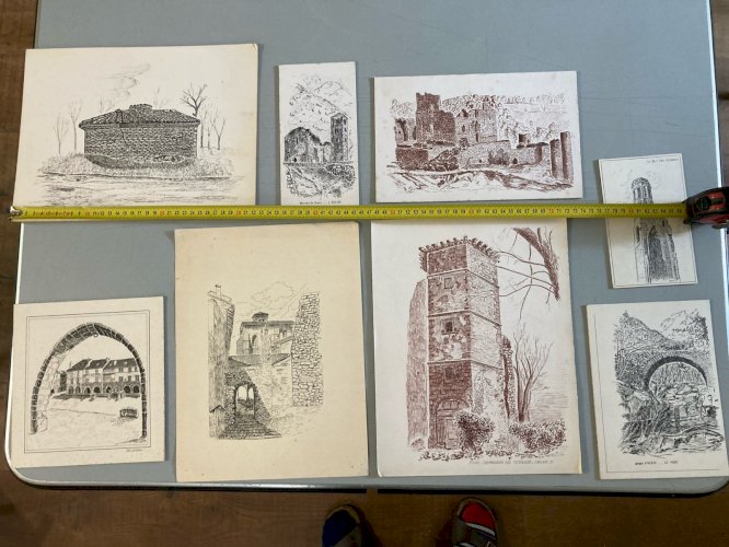 Lot 8 Dessin Encre Eglise Pierre Sud Ouest France Bâtiment Château 1970 XXe Art