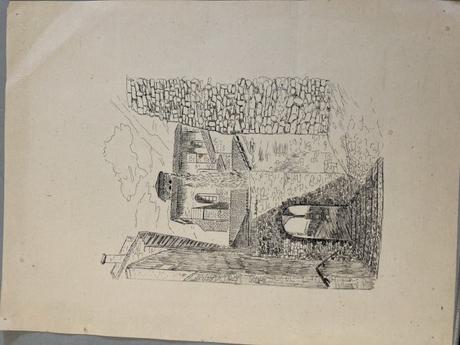 Lot 8 Dessin Encre Eglise Pierre Sud Ouest France Bâtiment Château 1970 XXe Art