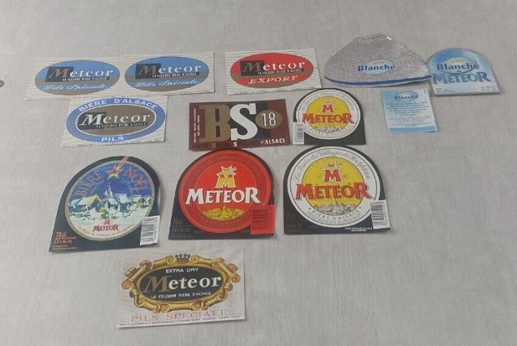 Lot danciennes étiquettes de bouteilles de bière, Méteor, BS18, blanche