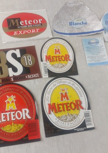 Lot danciennes étiquettes de bouteilles de bière, Méteor, BS18, blanche