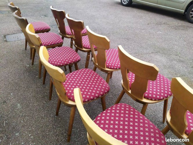 Lot de 10 chaises de bistrot bois avec coussin vintage année 70/80/90