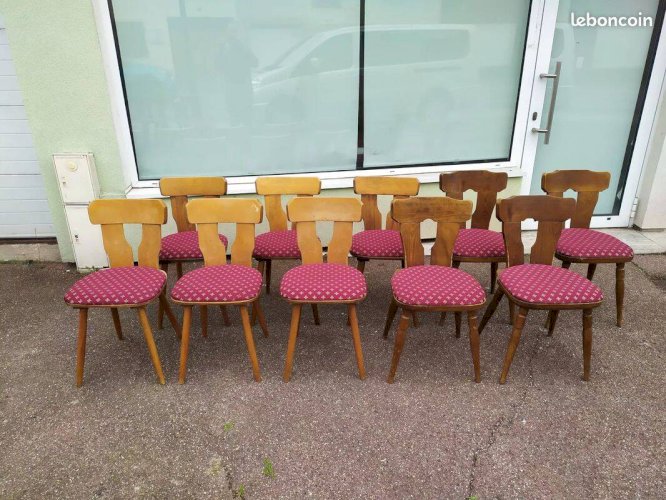 Lot de 10 chaises de bistrot bois avec coussin vintage année 70/80/90