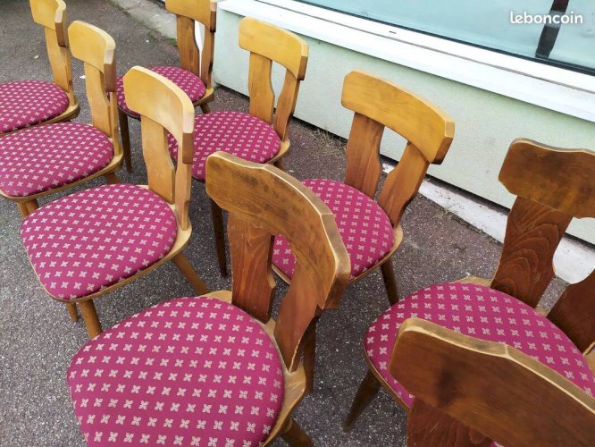 Lot de 10 chaises de bistrot bois avec coussin vintage année 70/80/90