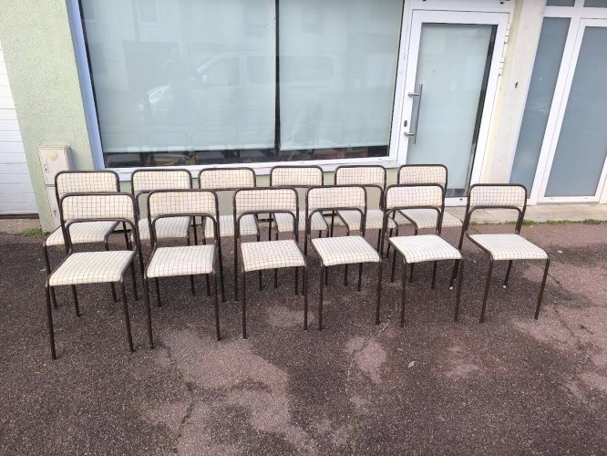 Lot de 12 chaises danois métal et tissu vintage