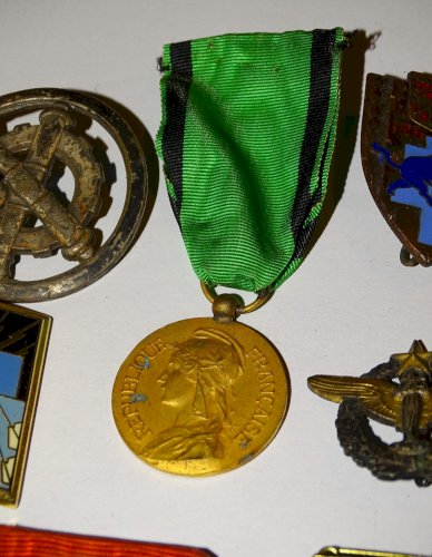 -LOT de 13 INSIGNES PUCELLES MEDAILLES ANCIENNES COLLECTION MILITARIA VITRINE  D