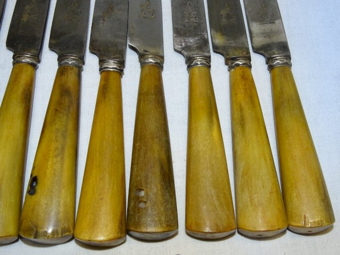 - LOT de 16 COUTEAUX de TABLE MANCHES CORNES LAMES GRAVEES JEANNE D'ARC  D