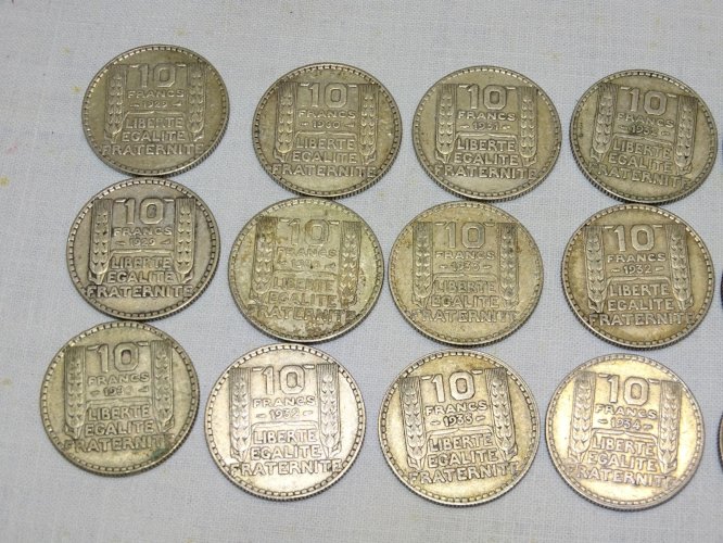 - LOT DE 17 PIECES 10 FRANCS TURIN ARGENT 1929,30,31,32,33,34 MONNAIE ANCIENNE
