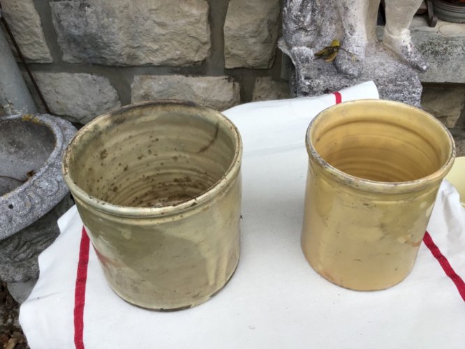 Lot de 2 Ancien pot à graisse en grès Art Populaire fin 19ème ou début 20ème